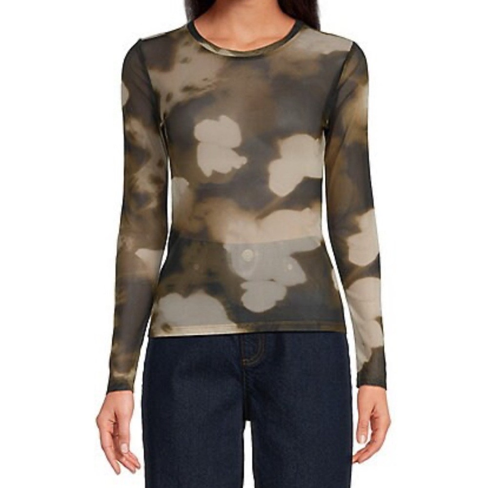 Gianni Bini Sheer Floral Long Sleeve Top - Black and Cream